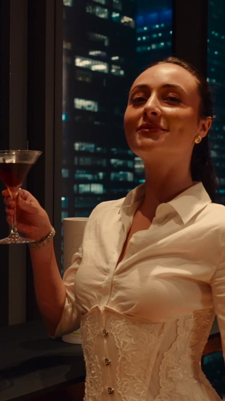 A guest holding a drink in the same NYC event film.