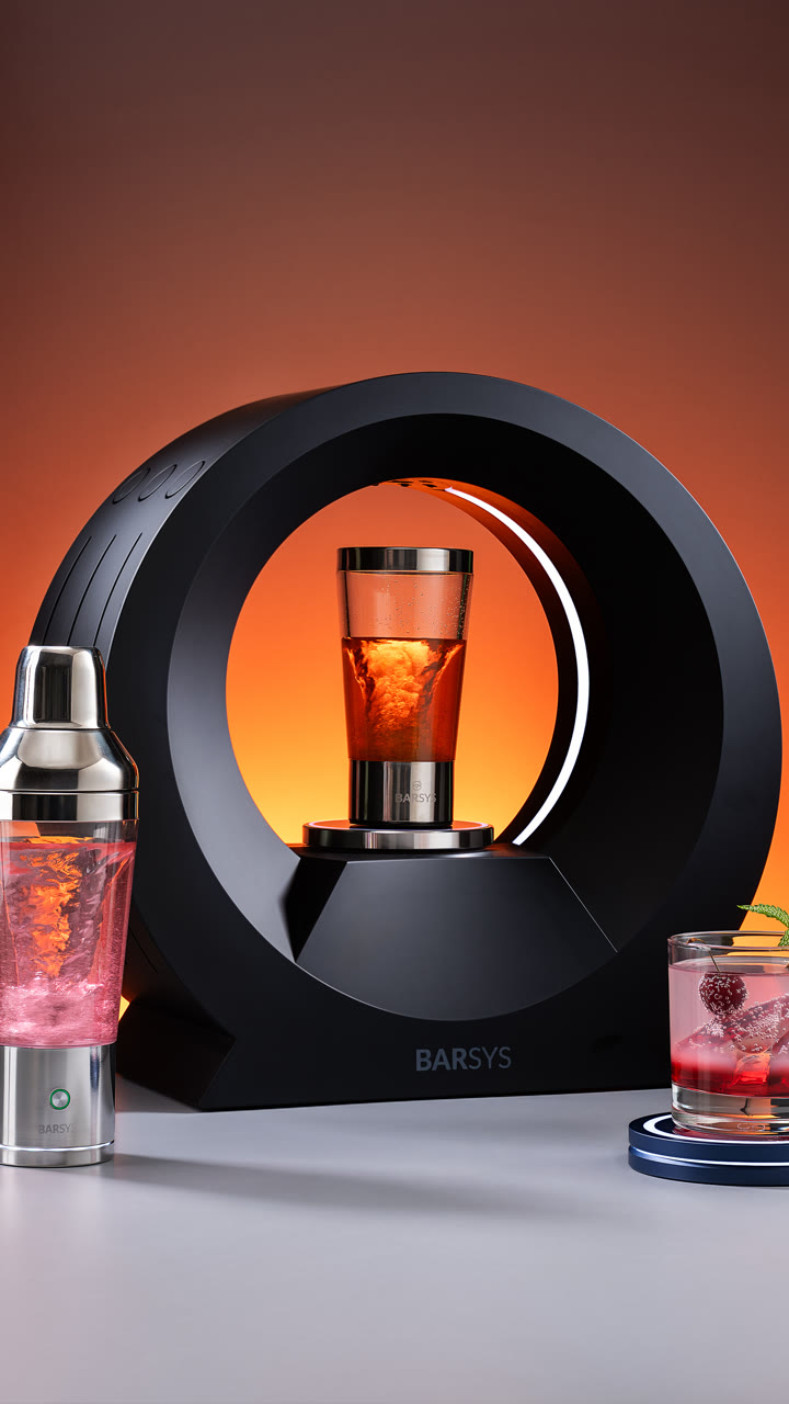 A Barsys 360 pours beside a cocktail shaker in warm light.